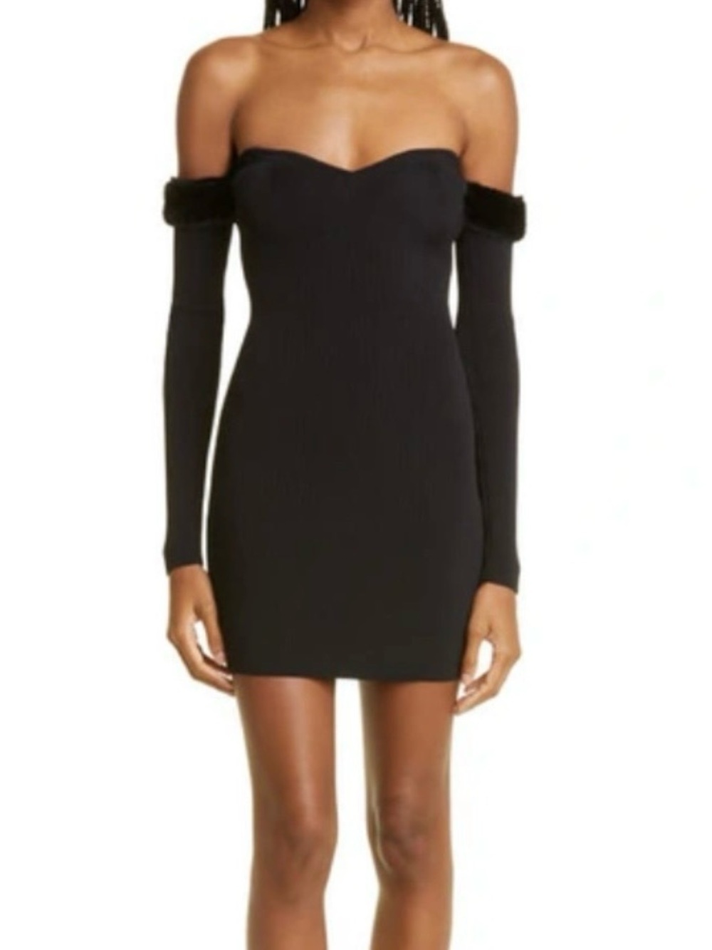 STAUD women’s Black Off Shoulder Mini Dress Sleeves Faux Fur Cuffs New size M
